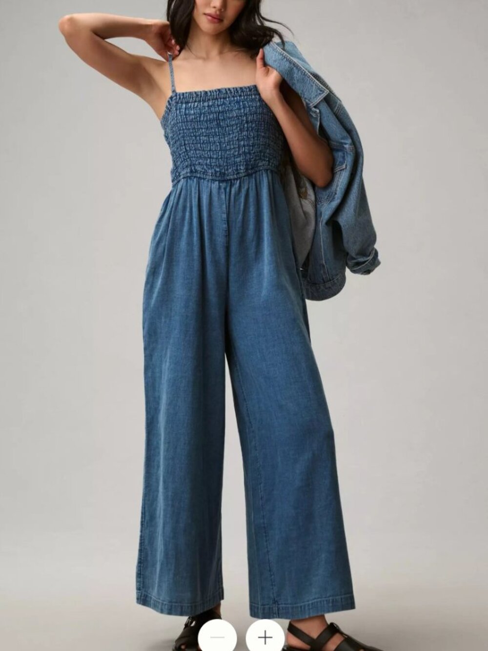 Anthropologie Pilcro Smocked Wide Leg Lightweight Denim Chambray Jumpsuit Sz XL